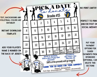 EDITABLE Volleyball Template Pick a Date Fundraiser Calendar Sponsor a Date, pay the date Digital Download, black out my board, editable