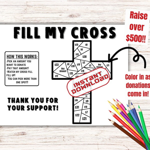 Fill my cross fundraiser, church fundraiser, church camp pick a date, black out board, Mission trip, pick a date, color fundraiser, 500