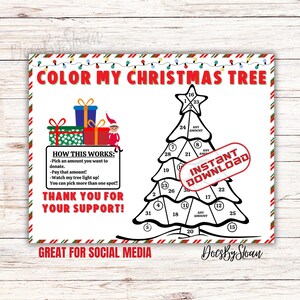 May include: A printable Christmas tree coloring page with numbers on each branch. The text "Color My Christmas Tree" is at the top of the page. The text "How This Works" is on the left side of the page. The text "Thank You For Your Support!" is below the tree. The text "Great For Social Media" is at the bottom of the page. The text "Instant Download" is in a red circle on the tree.