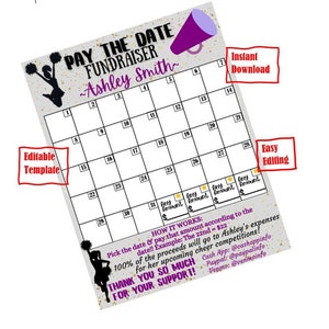 EDITABLE Cheer Template Pick a Date Fundraiser Calendar Sponsor a Date, pay the date Digital Download, black out my board, editable Cheer