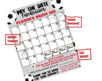 Modello di calcio MODIFICABILE Scegli una data Calendario della raccolta fondi Sponsorizza una data, paga la data Download digitale, oscura la mia bacheca, modificabile