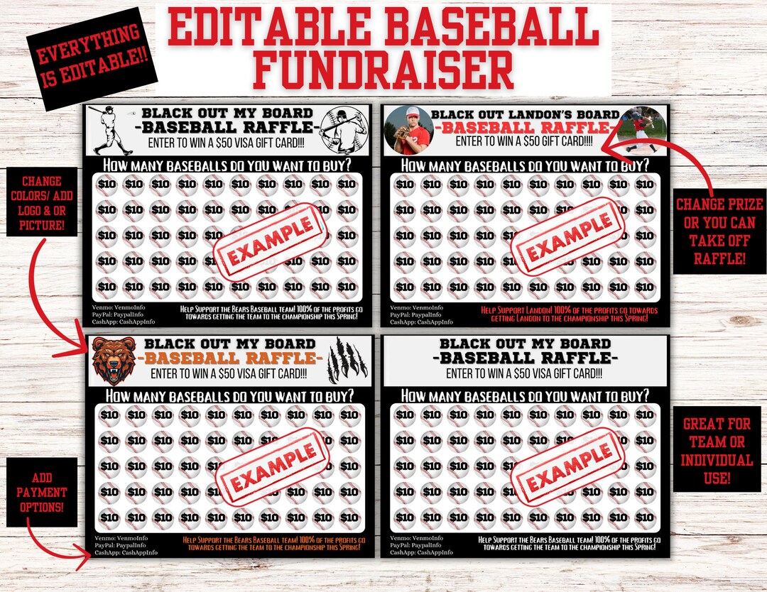 Baseball Raffle Card EDITABLE Baseball Black Out My Board, Baseball Raffle, Flyer, Baseball ...