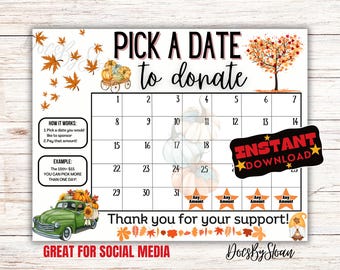 Fall Autumn themed pick a date to donate, All purpose, pay the datee, fundraiser calendar, Halloween fundraiser calendar, Fundraiser