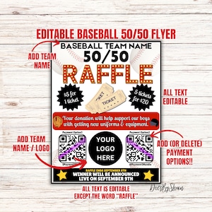 EDITABLE Baseball 50/50 flyer Template, baseball fundraiser, Fundraiser, ticket Instant access to template, custom baseball template
