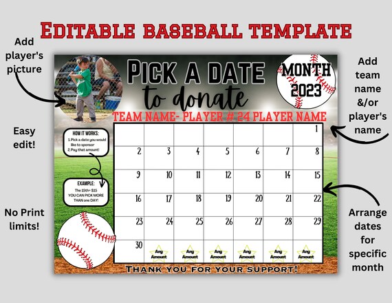 EDITABLE BASEBALL Template, Personalized Pick a Date to Donate, Fundraiser  Calendar, Pay the Date Template Custom Baseball Template - Etsy