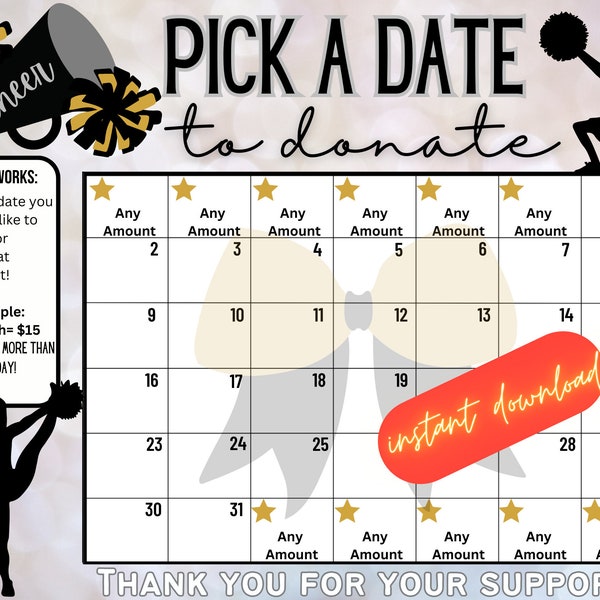 Cheer black and gold pick a date to donate,  Fundraiser calendar, pay the date, June calendar, Cheerleading fundraiser, cheerleading