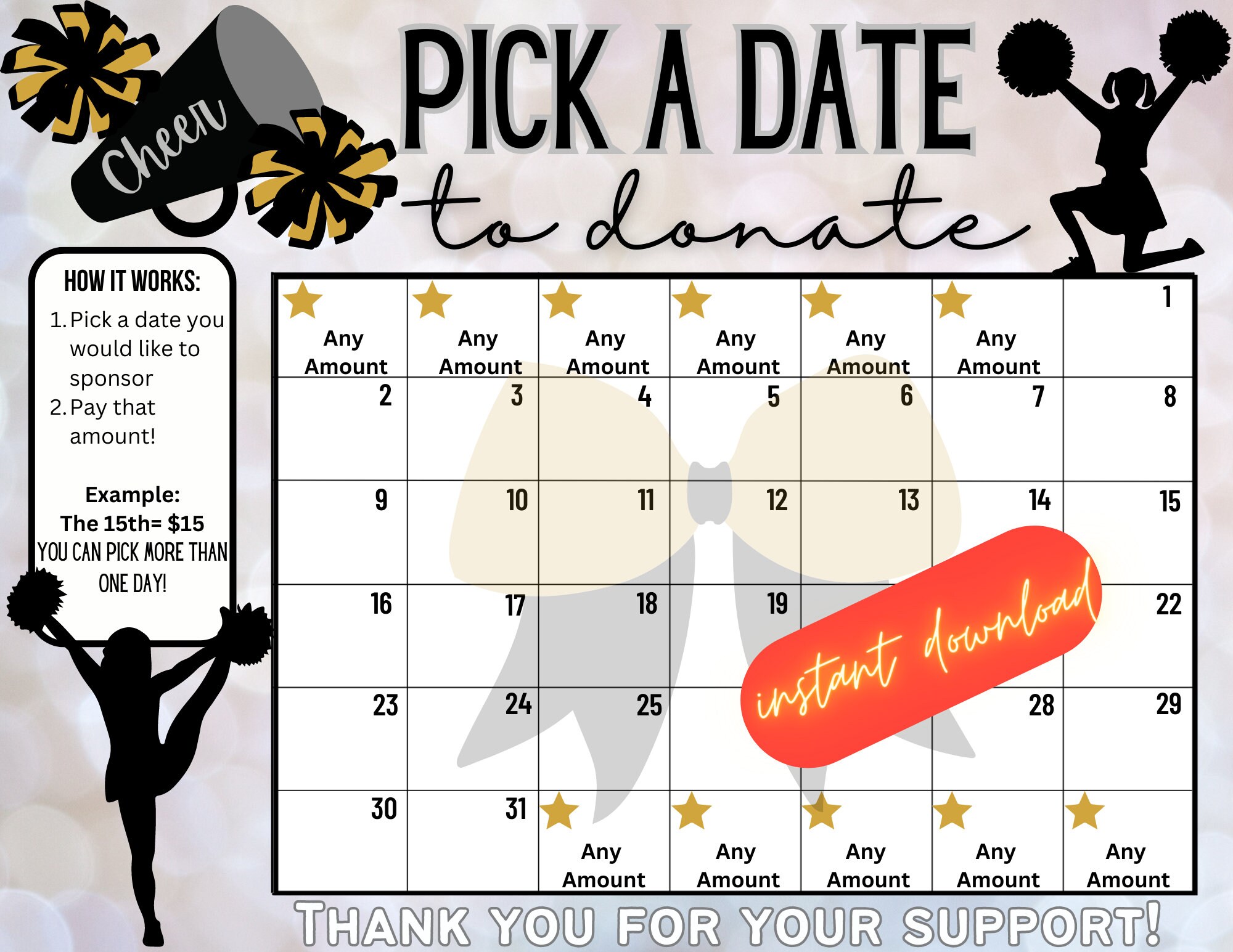 Cheer Black and Gold Pick a Date to Donate, Fundraiser Calendar, Pay the Date, June Calendar, Cheerleading Fundraiser, Cheerleading - Etsy cheer-black-and-gold-pick-a-date-to-donate-fundraiser-calendar-pay-the-date-june-calendar-cheerleading-fundraiser-cheerleading-etsy