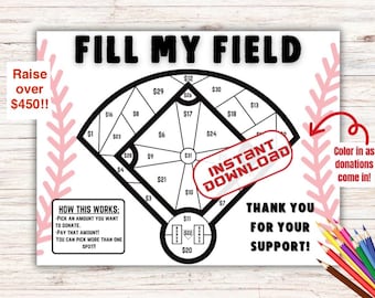 Puede incluir: Un juego de recaudación de fondos de campo de béisbol imprimible con el texto "FILL MY FIELD" en la parte superior. El campo está dividido en secciones con cantidades en dólares de $ 1 a $ 31. El texto "INSTANT DOWNLOAD" está en un cuadro rojo. El texto "HOW THIS WORKS" está en un cuadro con instrucciones sobre cómo jugar el juego. El texto "THANK YOU FOR YOUR SUPPORT!" está en la parte inferior de la página. El texto "Color in as donations come in!" está en un cuadro rojo con una flecha que apunta a un patrón de puntadas de béisbol rosa y blanco.