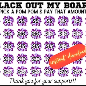 Cheer black out my board, pick a date to donate Fundraiser, purple pay the date, cheerleading, sponsor my season fundraiser cheer, pom pom