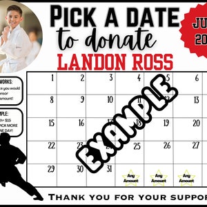 EDITABLE karate Template, personalized pick a date to donate, Fundraiser Calendar, pay the date template custom template