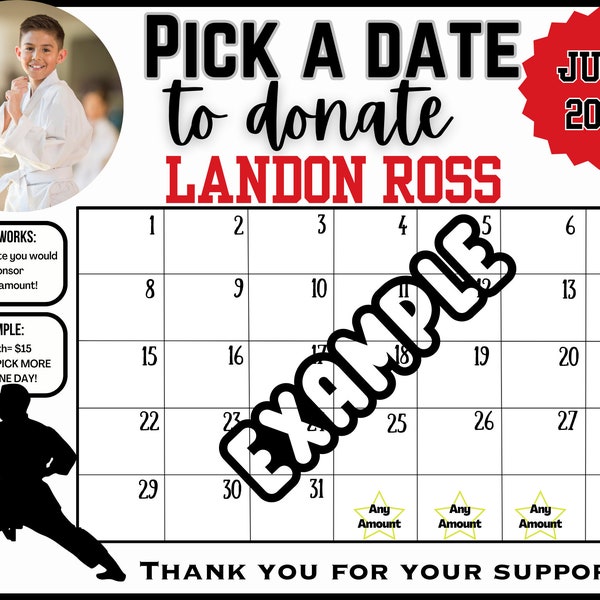 EDITABLE karate Template, personalized pick a date to donate, Fundraiser Calendar, pay the date template custom template