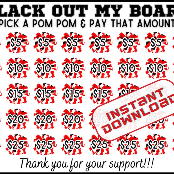 Cheer black out my board, pick a date to donate Fundraiser, Red,  pay the date, cheerleading, sponsor my season fundraiser cheer, pom pom