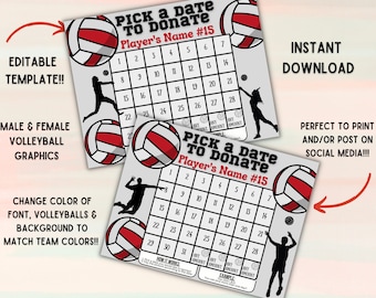 EDITABLE Volleyball Template Pick a Date Fundraiser Calendar, Boy volleyball, girl vball, pay the date Digital Download, black out my board