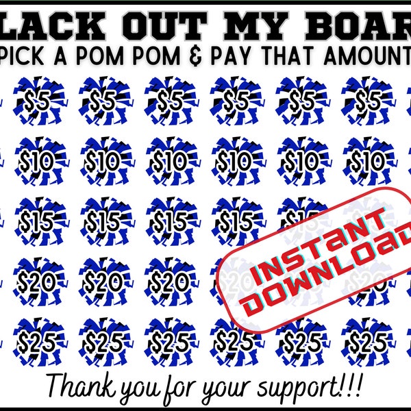 Cheer black out my board, pick a date to donate Fundraiser, blue pay the date, cheerleading, sponsor my season fundraiser cheer, pom pom