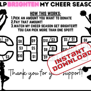 Cheerleading fundraiser, color my season, brighten my season, black out my board, pick a date to donate, digital, Sponsor my cheer