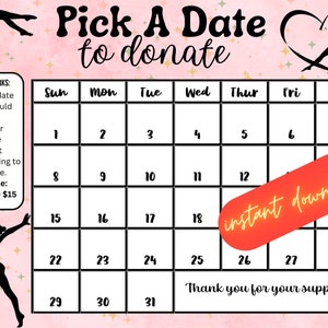 Gymnastics pick a date to donate, INSTANT DOWNLOAD, Fundraiser, pay the date, gymnastics fundraiser,