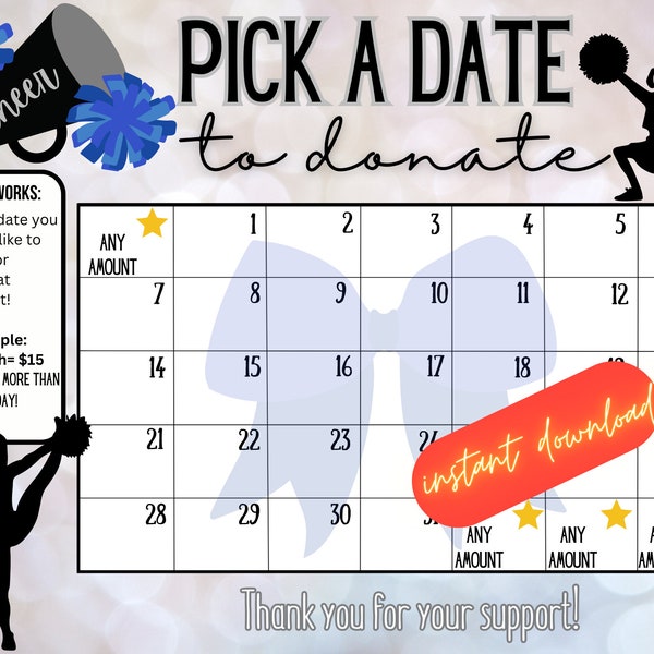 Cheer pick a date to donate,  Fundraiser calendar, pay the date, calendar,  Cheerleading fundraiser