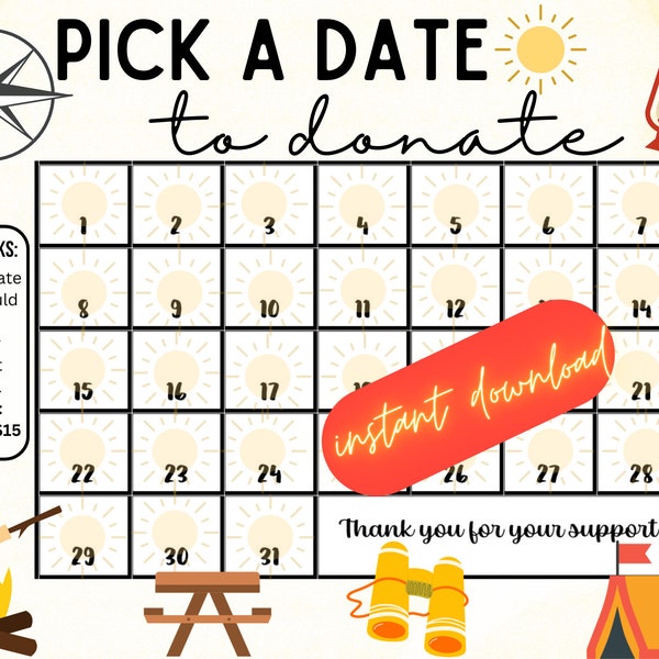 Camp pick a date to donate, INSTANT DOWNLOAD, Fundraiser, pay the date, summer camp fundraiser, camp fundraiser, summer camp calendar