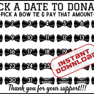 Może przedstawiać: Drukowana karta do gry z czarnymi muszkami numerowanymi od 1 do 31. Karta zawiera napis "Wybierz datę na darowiznę - Wybierz muszkę i zapłać tę kwotę" oraz "Dziękujemy za wsparcie!!!".