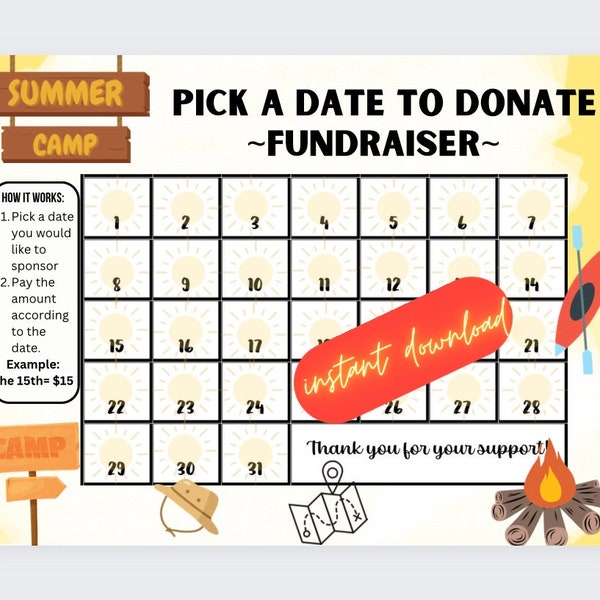 Camp pick a date to donate, INSTANT DOWNLOAD, Fundraiser, pay the date, summer camp fundraiser, camp fundraiser, summer camp calendar