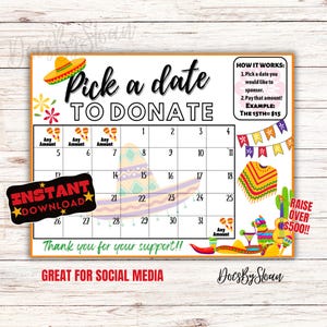 Könnte beinhalten: Ein farbenfroher Kalender mit dem Text „Wähle ein Datum zum Spenden“. Das Design beinhaltet einen Sombrero, Maracas und andere festliche Illustrationen. Der Kalender hat einen Abschnitt mit der Aufschrift „Sofort-Download“ und „Ideal für soziale Medien“.