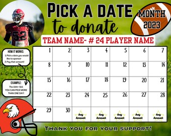 EDITABLE Football Template, personalized pick a date to donate, Fundraiser Calendar, pay the date template custom football template