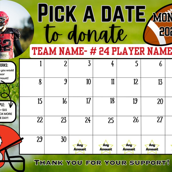 EDITABLE Football Template, personalized pick a date to donate, Fundraiser Calendar, pay the date template custom football template