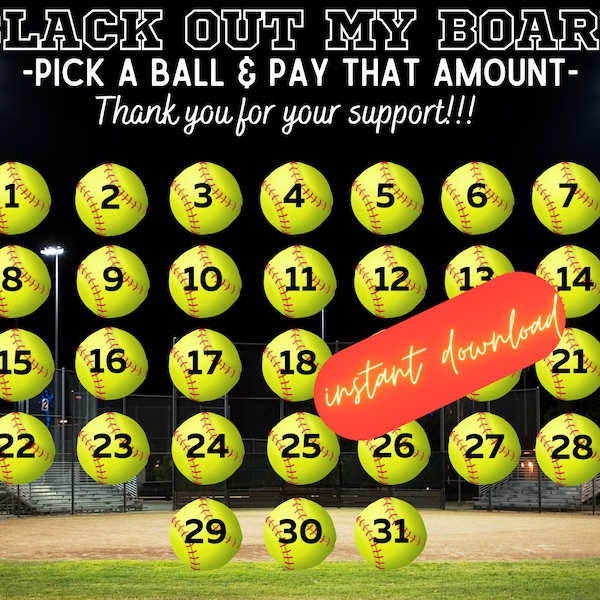 Softball calendar Fundraiser, calendar fundraiser, pick a date to donate, pay the date, softball fundraiser black out my board, 31 days