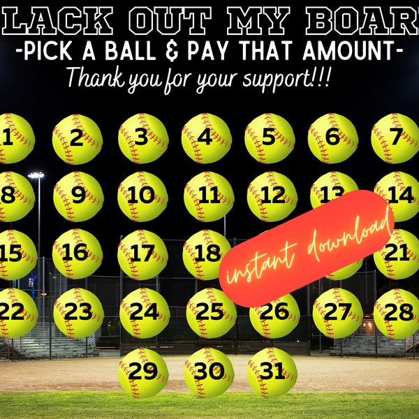 Softball calendar Fundraiser, calendar fundraiser, pick a date to donate, pay the date, softball fundraiser black out my board, 31 days