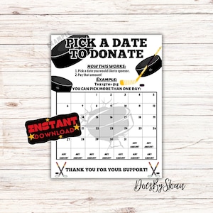 Hockey pick a date to donate, Fundraiser, pay the date calendar, Hockey calendar fundraiser, hockey team fundraiser 31 days, october