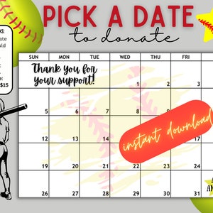 Softball scegli una data per donare il calendario, DOWNLOAD IMMEDIATO, raccolta fondi, paga la data, oscura la mia tavola, softball, sponsorizza la mia stagione