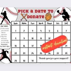 Baseball wybierz datę, aby przekazać darowiznę, zbiórka funduszy, zapłać kalendarz daty, natychmiastowe pobieranie, możliwość wydruku, zbieranie pieniędzy