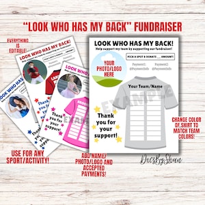 Pode incluir: Um modelo de arrecadação de fundos personalizável com uma camiseta cinza com um padrão de grade. O modelo inclui o texto "Look Who Has My Back!" e "Change Color of Shirt to Match Team Colors!" O modelo também inclui uma seção para adicionar uma foto ou logotipo, o nome da equipe e as informações de pagamento.