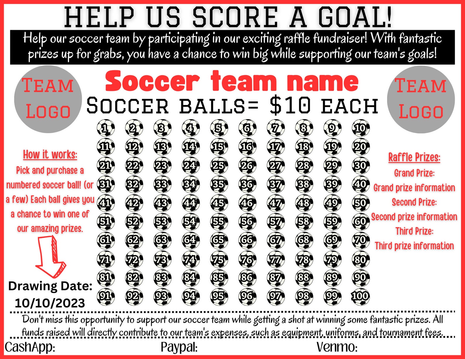 Soccer Editable Raffle, Soccer Fundraiser Template, Flyer, Soccer ...