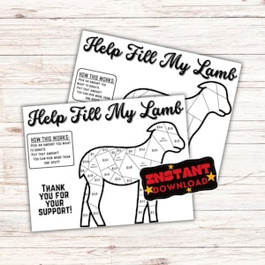 Op de afbeelding: Een zwart-witte printbare 'Help Fill My Lamb'-fondsenwervingsgame met een lam-omtrek die is verdeeld in secties met dollarbedragen van $ 3 tot $ 30. De tekst 'INSTANT DOWNLOAD' is rood met twee gouden sterren aan weerszijden.