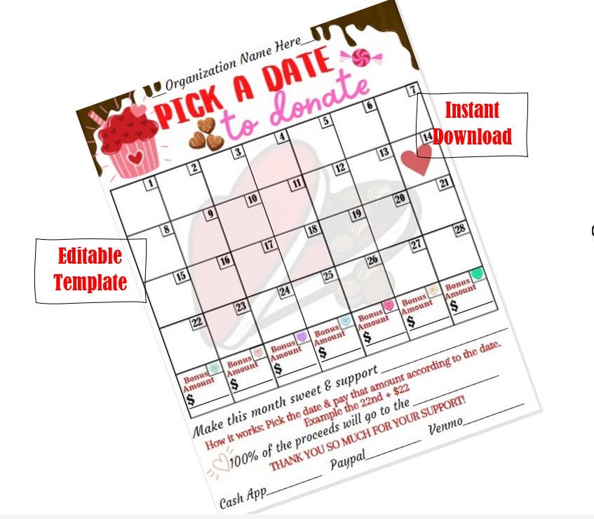 EDITABLE Template Pick a Date Fundraiser Calendar Sponsor a Date Valentine  February Digital Download PTA Team School - Etsy