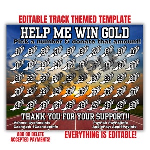 Editable Track fundraiser, pick a date to donate, pay the date, black out board, Help me win gold, track field fundraiser, cross country