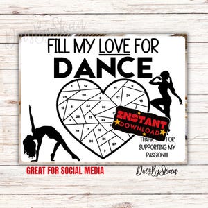 Può includere: Un download digitale stampabile di un puzzle a forma di cuore da riempire con il testo "FILL MY LOVE FOR DANCE". Il puzzle presenta due ballerini in silhouette e il testo "INSTANT DOWNLOAD".
