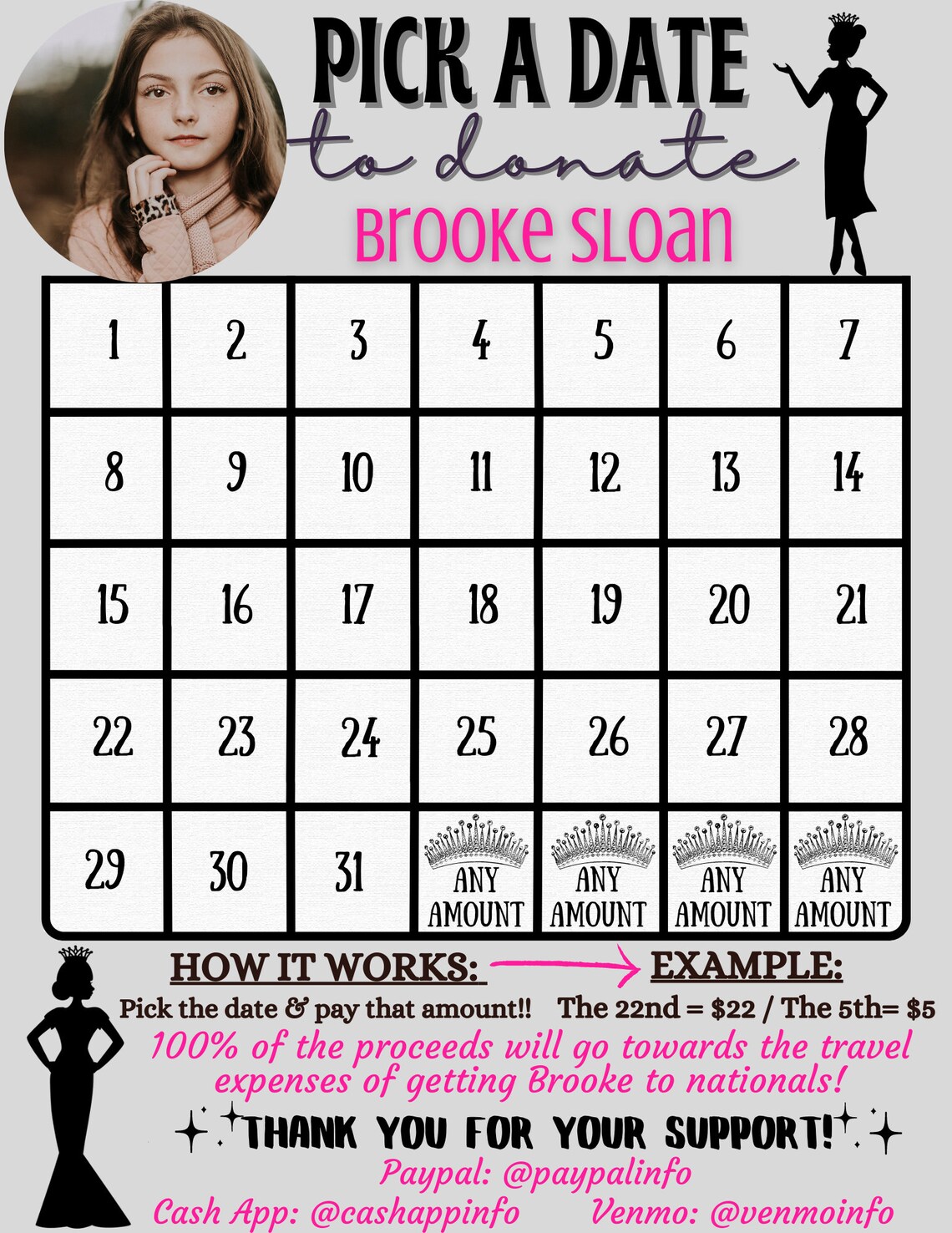 EDITABLE Pageant Template, Personalized Pick a Date to Donate ...