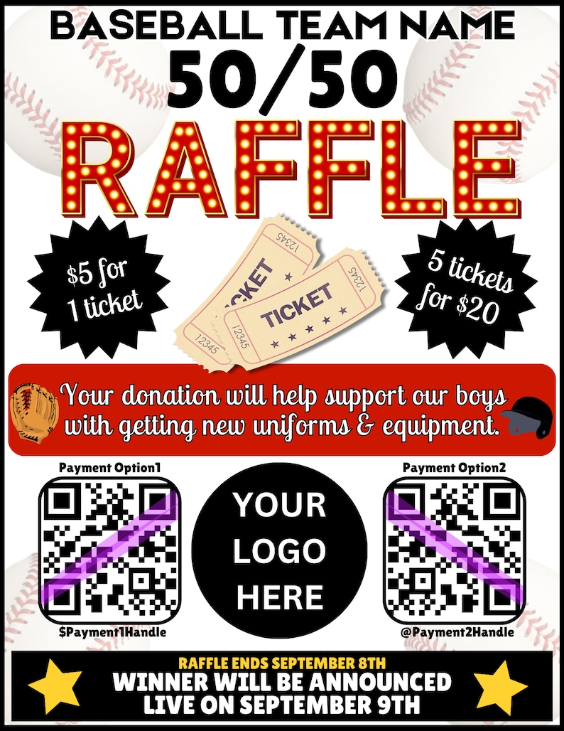 EDITABLE Baseball 50/50 Flyer Template, Baseball Fundraiser, Fundraiser ...