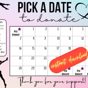 Gymnastics pick a date to donate,  gymnastics Fundraiser, pay the date, cash calendar, 31 day gymnastics fundraiser