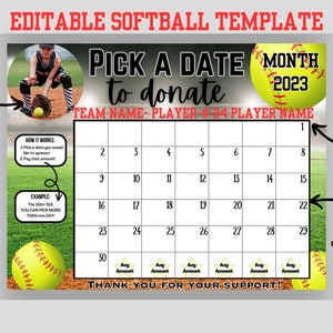 EDITABLE SOFTBALL Template, personalized pick a date to donate, Fundraiser Calendar, pay the date template custom softball template