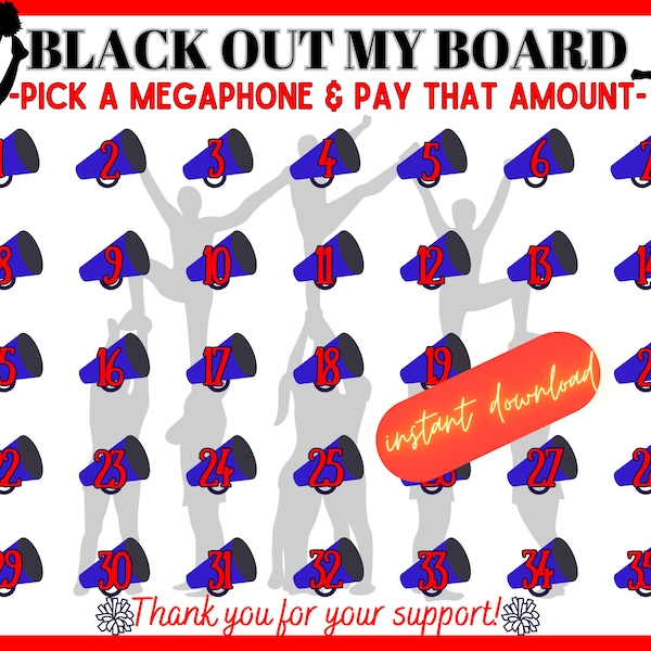 Cheer, red and blue, black out my board, pick a date to donate Fundraiser, pay the date, cheerleading fundraiser, sponsor my season, cheer