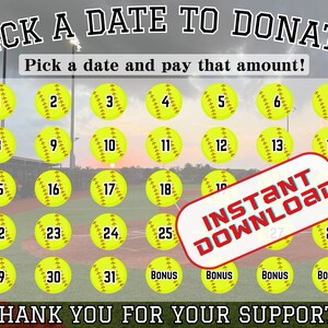 Softball calendar Fundraiser, calendar fundraiser, pick a date to donate, pay the date, softball fundraiser black out my board, 31 days