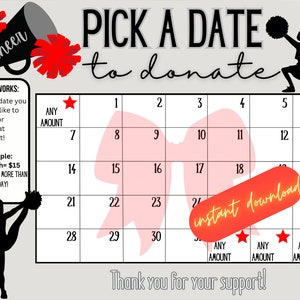 Cheer red pick a date to donate,  Fundraiser calendar, pay the date, cash calendar, red Cheerleading fundraiser, 31 days, Red cheer