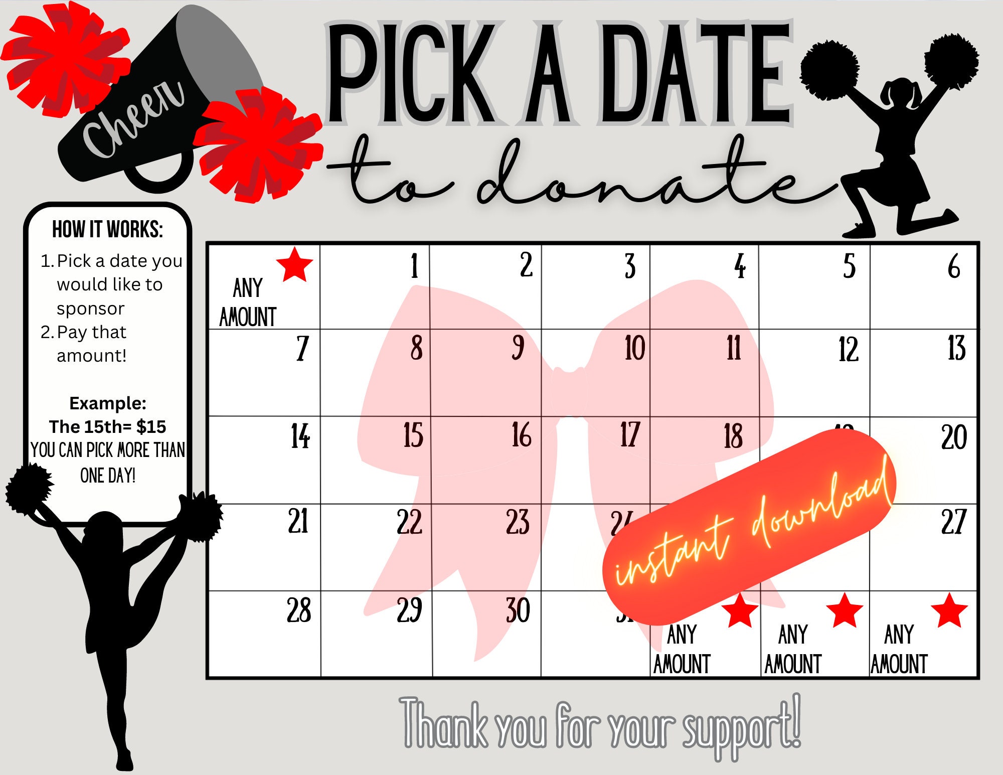 Cheer Red Pick a Date to Donate, Fundraiser Calendar, Pay the Date, Cash  Calendar, Red Cheerleading Fundraiser, 31 Days - Etsy