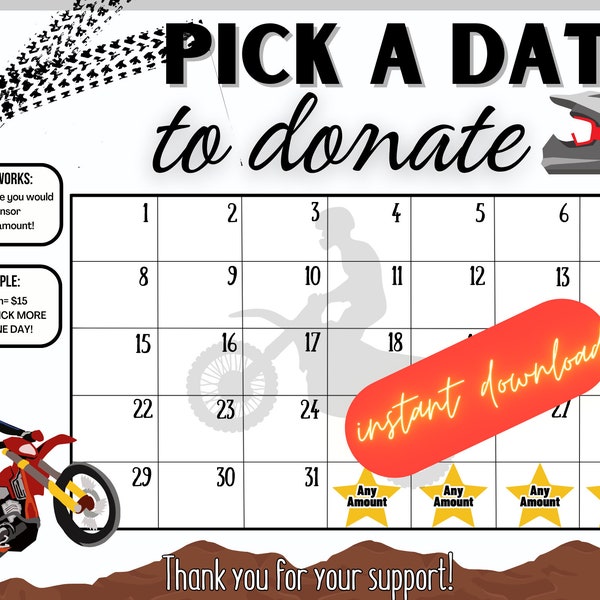 Dirt Bike pick a date to donate, Fundraiser, pay the date calendar,  instant download, Dirt bike calendar fundraiser, motocross