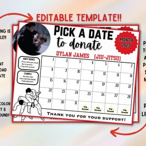 EDITABLE Jiu-jitsu, karate Template, personalized pick a date to donate, Fundraiser Calendar, pay the date template custom template