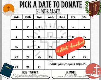 Pick a date to donate church, pay the date youth mission trip, church fundraiser, youth mission trip, calendar, sponsor a day, calendar