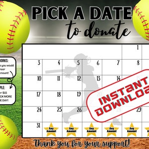 Softball pick a date to donate, Softball Fundraiser calendar , pay the date, calendar,  softball fundraiser